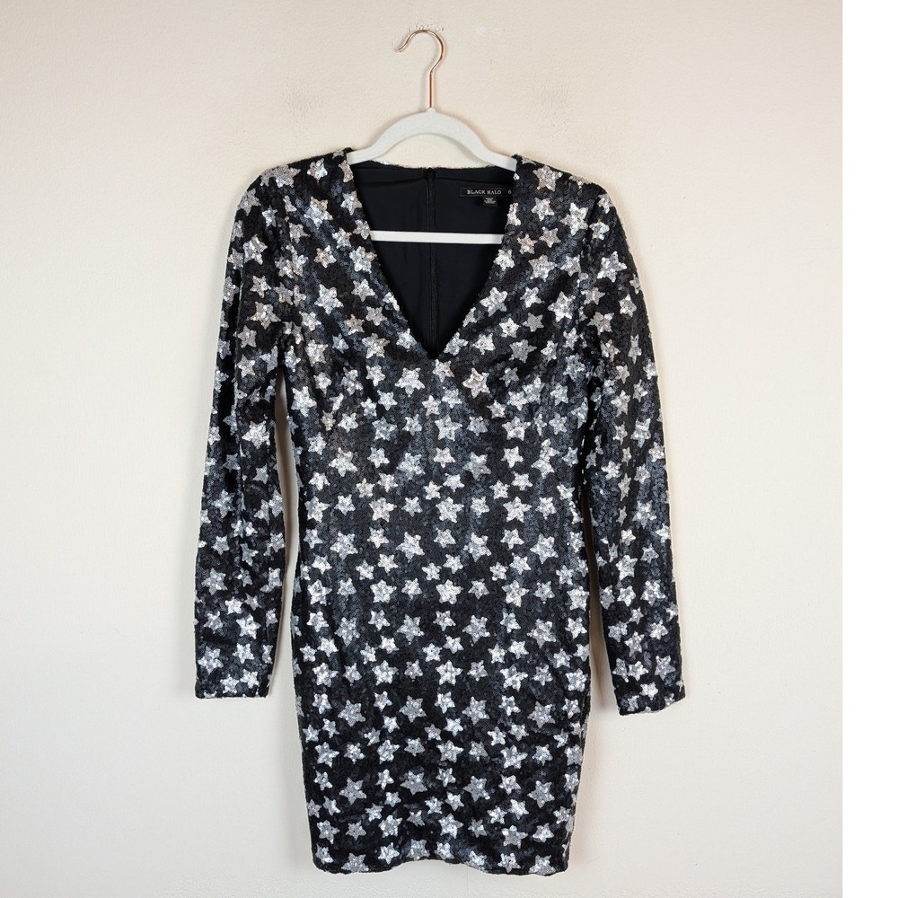 Black Halo Dress 6 Black Silver Sequin Star Long Sleeve V-Neck Mini Party